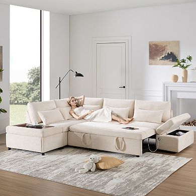 Merax 107" L-Shaped Sectional Sleeper Sofa Bed with Pull Out Couch, USB & Type-C Charging