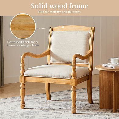 Merax 28.5" Vintage Upholstered Accent Chair - Solid Wood Frame with Spindle Legs & Carved Arms