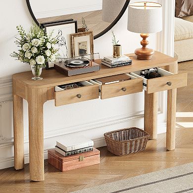 Merax Rustic Console Table with 3 Concealed Drawers, Sturdy Sofa Table with Thick Legs