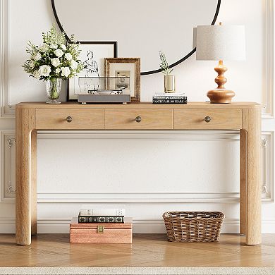 Merax Rustic Console Table with 3 Concealed Drawers, Sturdy Sofa Table with Thick Legs