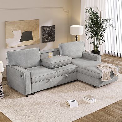 Merax Upholstered Sleeper Sectional Sofa with Storage, USB Port & 2 Cup Holders