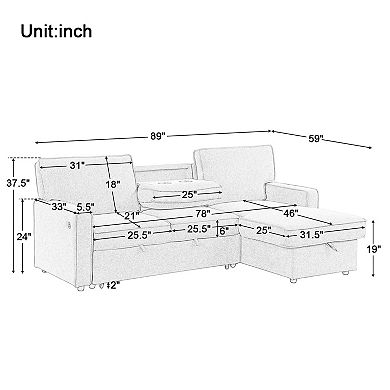 Merax Upholstered Sleeper Sectional Sofa with Storage, USB Port & 2 Cup Holders