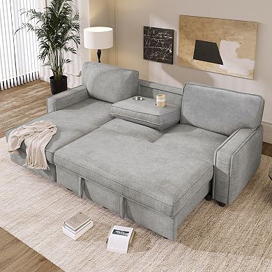 Merax Upholstered Sleeper Sectional Sofa with Storage, USB Port & 2 Cup Holders