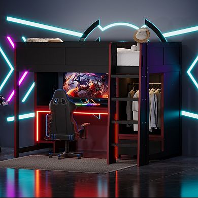 Merax Wood Twin Size Gaming Loft Bed with Built-in Desk, Wardrobe