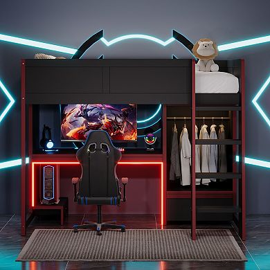 Merax Wood Twin Size Gaming Loft Bed with Built-in Desk, Wardrobe