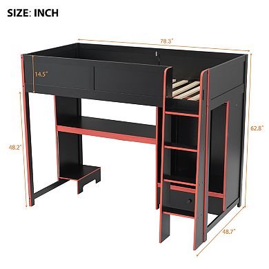 Merax Wood Twin Size Gaming Loft Bed with Built-in Desk, Wardrobe
