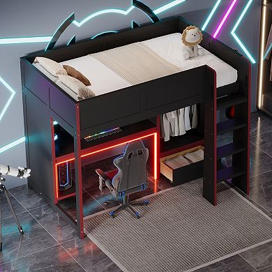 Merax Wood Twin Size Gaming Loft Bed with Built-in Desk, Wardrobe