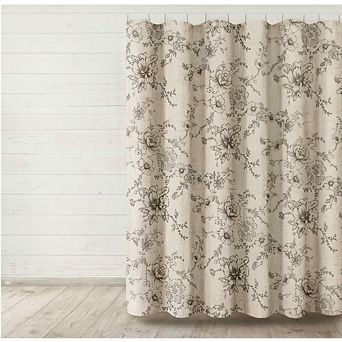 Great Ambitions Vintage Farmhouse Shower Curtain, 72x72, Black Linen & Tan Taupe Floral