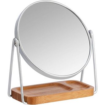 Double Sided Vanity Mirror 1x/5x, Chrome Round Tabletop with 100%Bamboo Tray