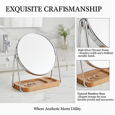 Double Sided Vanity Mirror 1x/5x, Chrome Round Tabletop with 100%Bamboo Tray