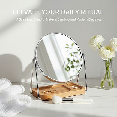 Double Sided Vanity Mirror 1x/5x, Chrome Round Tabletop with 100%Bamboo Tray
