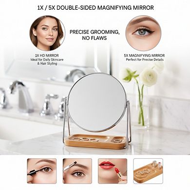 Double Sided Vanity Mirror 1x/5x, Chrome Round Tabletop with 100%Bamboo Tray