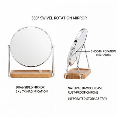 Double Sided Vanity Mirror 1x/5x, Chrome Round Tabletop with 100%Bamboo Tray