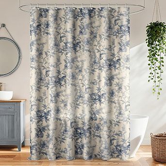 Great Ambitions Farmhouse Blue Floral Shower Curtain, 72x72, with 12 Clear Rings, Faux Linen