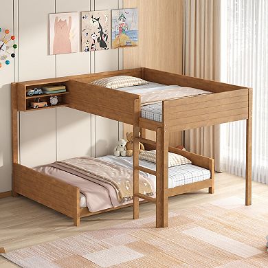 Merax Full XL Over Full XL Wooden Bunk Bed with Built-in Storage Shelf & Ladder