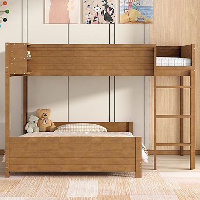 Merax Full XL Over Full XL Wooden Bunk Bed with Built-in Storage Shelf & Ladder
