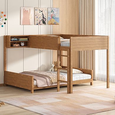 Merax Full XL Over Full XL Wooden Bunk Bed with Built-in Storage Shelf & Ladder