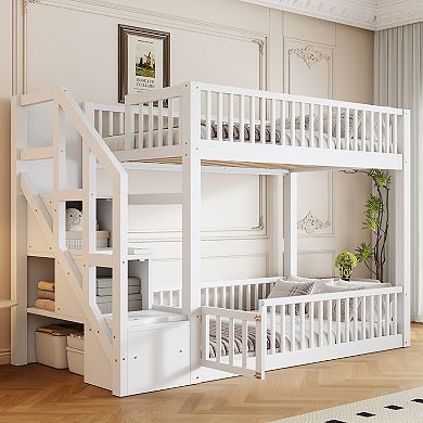 Merax Twin over Twin Floor Bunk Bed, Ladder with Storage