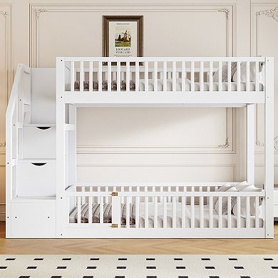 Merax Twin over Twin Floor Bunk Bed, Ladder with Storage