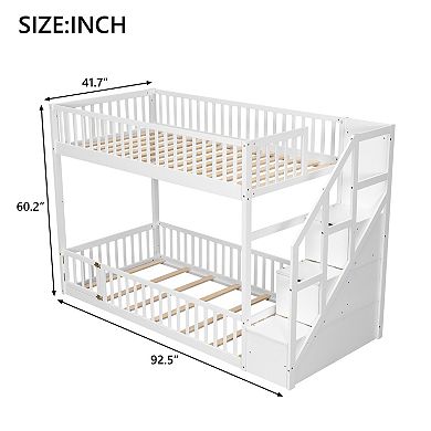 Merax Twin over Twin Floor Bunk Bed, Ladder with Storage