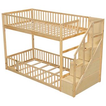 Merax Twin over Twin Floor Bunk Bed, Ladder with Storage