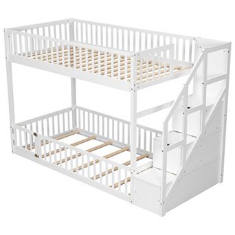 Merax Twin over Twin Floor Bunk Bed, Ladder with Storage