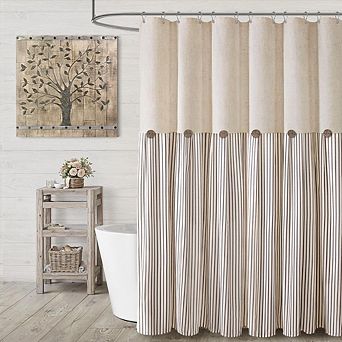 Great Ambitions Farmhouse Woven Linen Shower Curtain, 72x72, Beige with Brown Stripe
