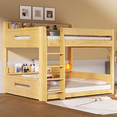 Merax Queen over Queen Bunk Bed with Storage Shelves and USB Ports