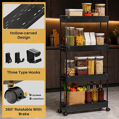4 Tier Slim Rolling Storage Cart Mobile Organizer Utility Shelving Adjustable Plastic for Bathroom