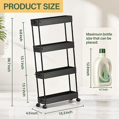 4 Tier Slim Rolling Storage Cart Mobile Organizer Utility Shelving Adjustable Plastic for Bathroom