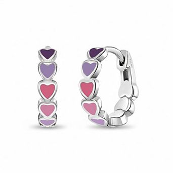 Sterling Silver Heart Enamel Huggie Hoop Earrings for Little Girls Secure Comfortable Hypoallergenic