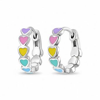 Sterling Silver Heart Enamel Huggie Hoop Earrings for Little Girls Secure Comfortable Hypoallergenic