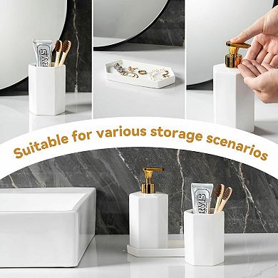 Ceramic Bathroom Accessory Set 3pcs Soap Dispenser Toothbrush Holder Vanity Tray Modern Decor
