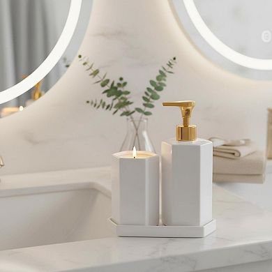 Ceramic Bathroom Accessory Set 3pcs Soap Dispenser Toothbrush Holder Vanity Tray Modern Decor