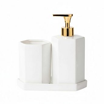 Ceramic Bathroom Accessory Set 3 pc Soap Dispenser Toothbrush Holder Vanity Tray Modern Decor