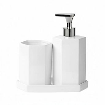 Ceramic Bathroom Accessory Set 3 pc Soap Dispenser Toothbrush Holder Vanity Tray Modern Decor