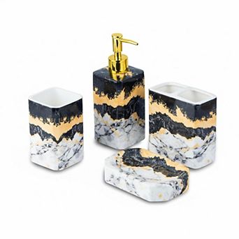 4 pc Ceramic Bathroom Set Glossy Finish Lotion Dispenser, Toothbrush Holder, Tumbler, Soap Dish