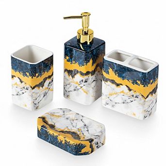 4 pc Ceramic Bathroom Set Glossy Finish Lotion Dispenser, Toothbrush Holder, Tumbler, Soap Dish