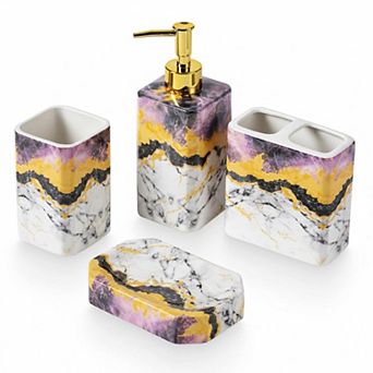 4 pc Ceramic Bathroom Set Glossy Finish Lotion Dispenser, Toothbrush Holder, Tumbler, Soap Dish