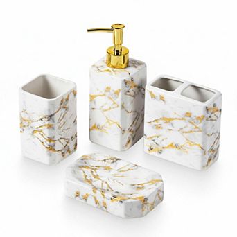 4 pc Ceramic Bathroom Set Glossy Finish Lotion Dispenser, Toothbrush Holder, Tumbler, Soap Dish