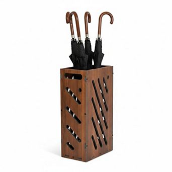 Brown Umbrella Stand Removable Water Tray PVC Storage Bin Freestanding Organizer