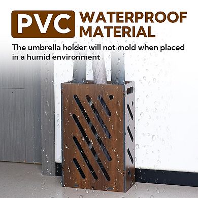 Brown Umbrella Stand Removable Water Tray PVC Storage Bin Freestanding Organizer