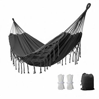 Double Boho Macrame Hammock w Elegant Tassels Patio/Beach/Wedding Decor 450lbs Capacity + Ropes