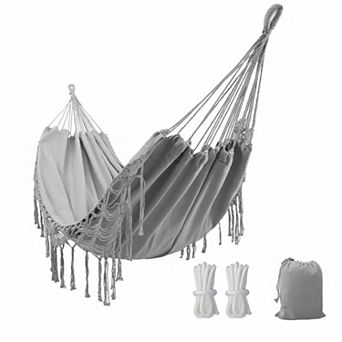 Double Boho Macrame Hammock w Elegant Tassels Patio/Beach/Wedding Decor 450lbs Capacity + Ropes