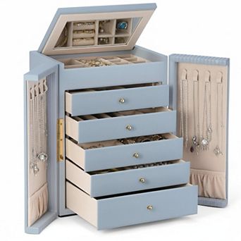 6 tier Large Jewelry Organizer Box with Mirror Double Door Drawers Storage Gift