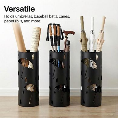 Black Metal Umbrella Stand Rack with 3 Hooks Free Standing Organizer for Entryway Home Office