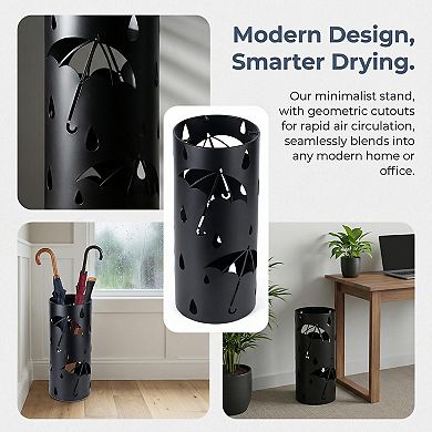 Black Metal Umbrella Stand Rack with 3 Hooks Free Standing Organizer for Entryway Home Office