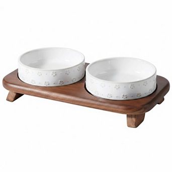 Raised Double Cat Bowl Set with Wood Stand Whisker Friendly Ceramic Food Water for Cats Puppy