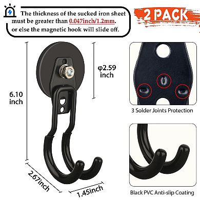 Magnetic Hooks Heavy Duty 20LB Rubber Coated Non Slip J Hook Garage Tool Organizer 2 Pack