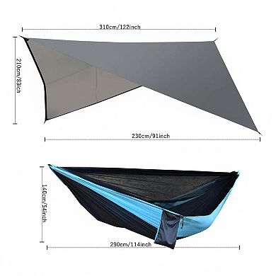 Camping Hammock w Rain Fly, Mosquito Net, Tree Straps Portable Nylon Parachute for Backpacking